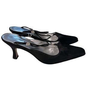 JASMIN New York Almond Square Toe Black Jeweled Kitten Heel Pumps Size 7
